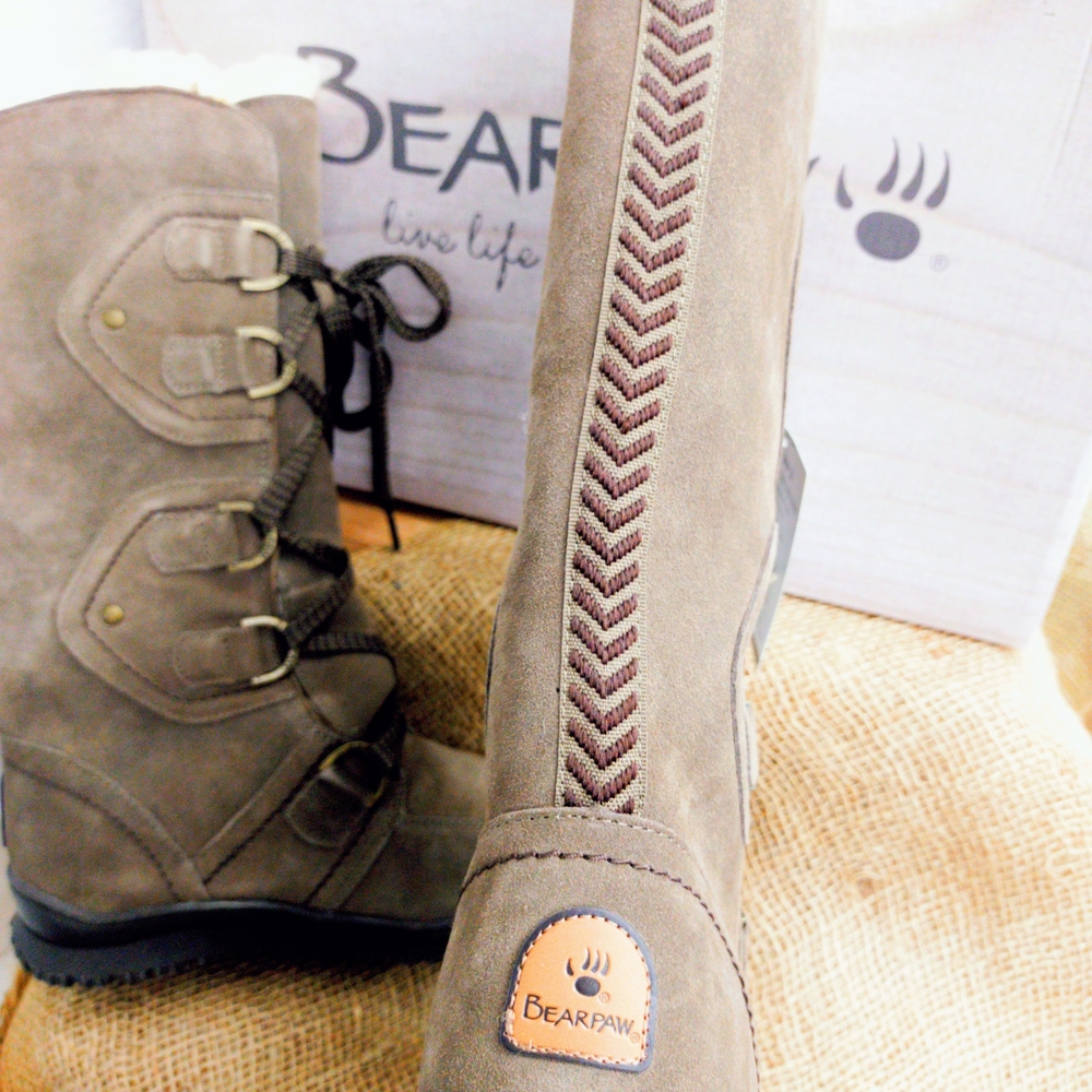 BearPaw Taupe Lace-Up Boots with Herringbone Accent
